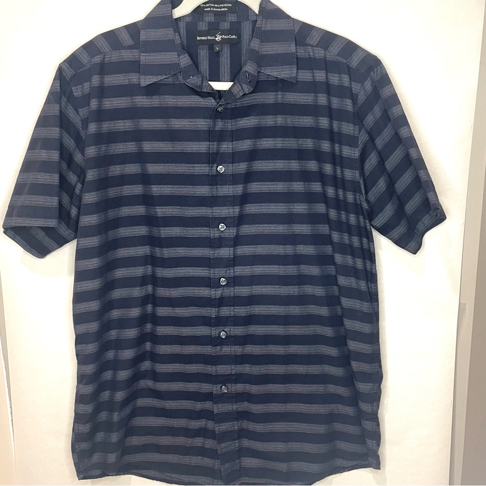 BEVERLY HILLS POLO CLUB Blue Button Down Short Sleeve Men Shirt SZ Large  EUC